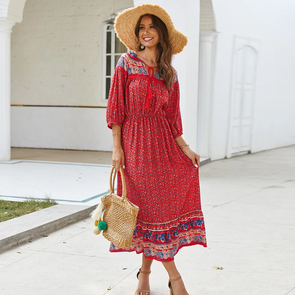 

New Three Quarter Sleeve Bohemian Print Dress Women Drawstring V Neck Cotton Slim Spring Summer Long Floral Dress Office Lady