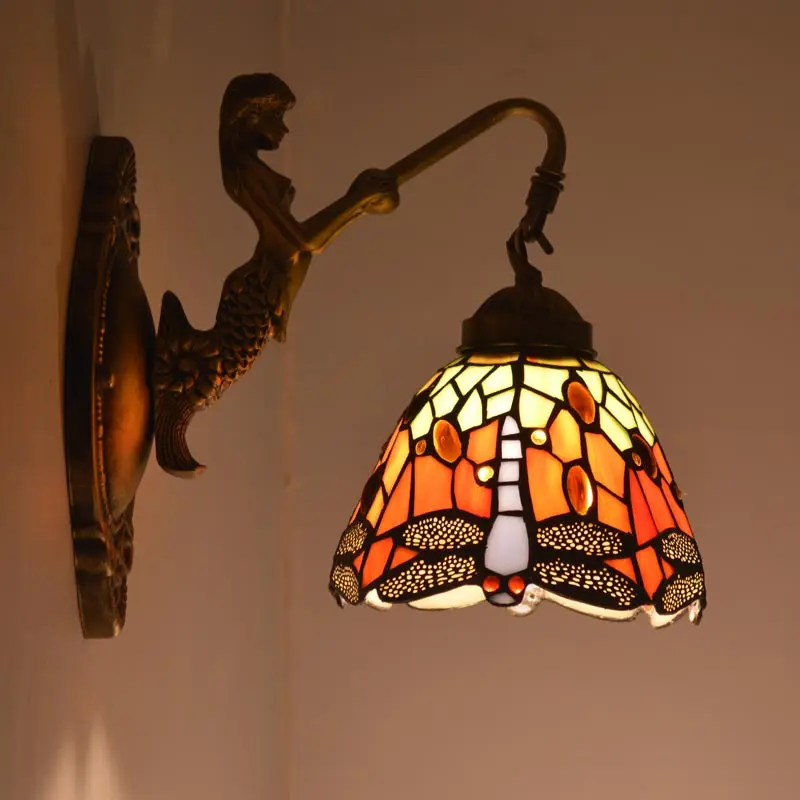 Тиффани Русалка Настенный Светильник Стрекоза абажур из витражного стекла