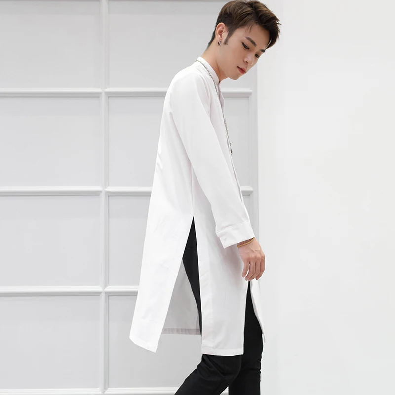 Рубашка мужская с воротником-стойкой, приталенная Длинная сорочка с длинными рукавами, трендовая красивая в Корейском стиле для осени от AliExpress RU&CIS NEW