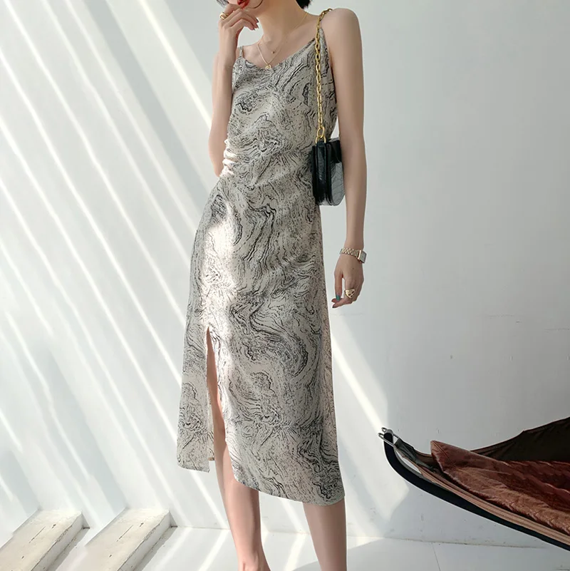 

2021summer New Print V-neck Women Dresses Sexy high split Out Sleeveless Sling Mid-length dress Temperament chiffon dress