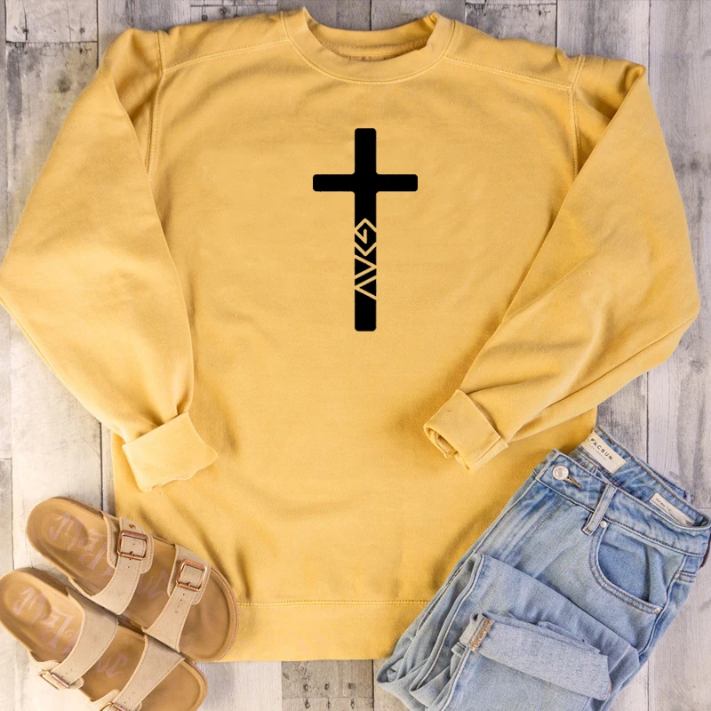 

God is Greater than the highs and lows cross graphic sweatshirt women fashion pure cotton pullovers religion baptism church tops
