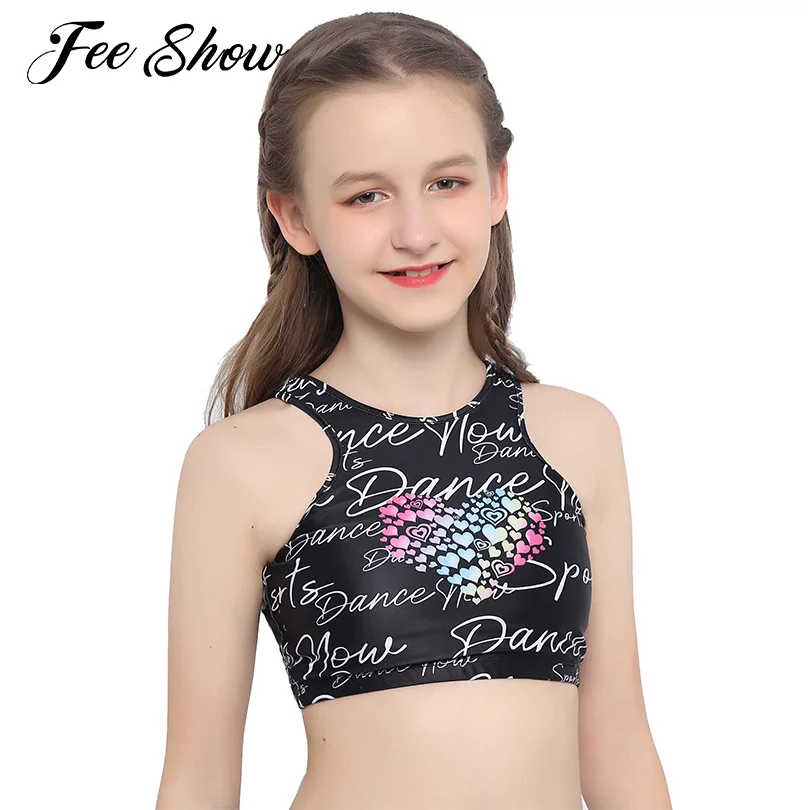 

Kids Girls Stretchy Running Sports Top Vests Sleeveless Letters and Heart Shaped Printed Tanks Top Fitness Training Sportswear