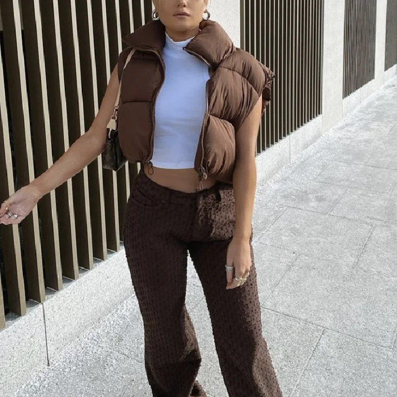 Женский Повседневный пуховик коричневая свободная теплая безрукавка большого