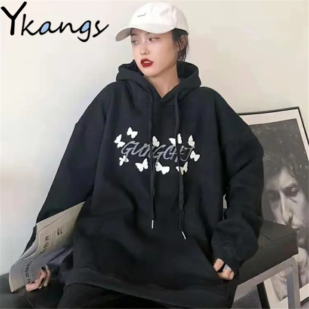 

Женская свободная толстовка в Корейском стиле, повседневная черная толстовка в темном стиле с принтом в стиле ретро, уличная одежда в стиле ...