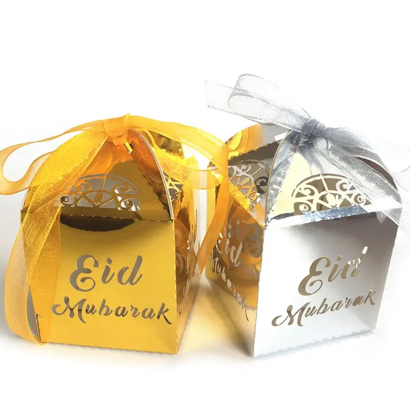 

Party Kids Favors 50pcs Gold Silver Happy Eid Mubarak Box Ramadan Decoration Cut Pearl Paper Ribbon Candy Boxes