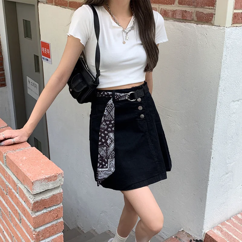 

High waist denim skirt female summer 2021 new design irregular pleated skirt small A-line skirt Black pleated skirt with buttons