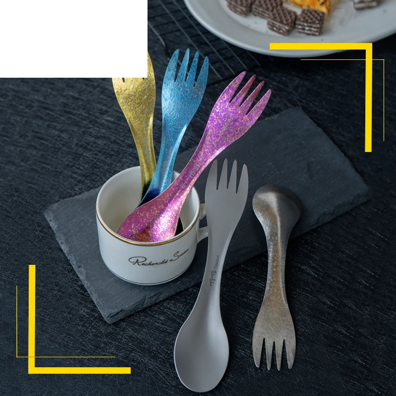 

Outdoor Camping Picnic Titanium Spoon Tableware Titanium Alloy Fork Ultralight Pure Titanium Spork