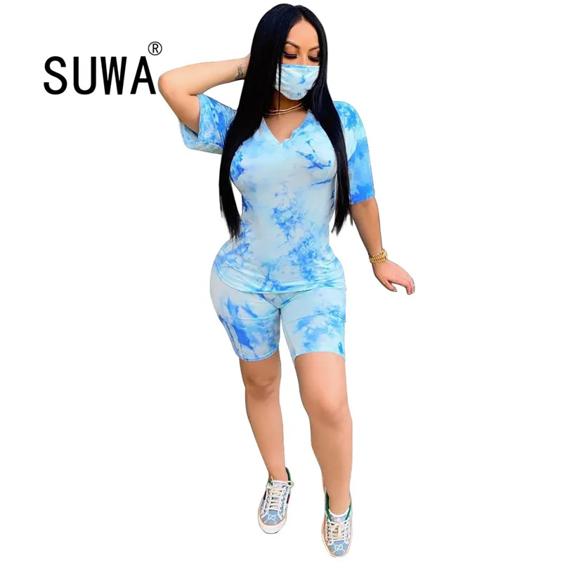 

young party women fashion Tie-dyed V-neck short sleeves top and hot shorts 2 pieces set high street lady fashion tracksuits