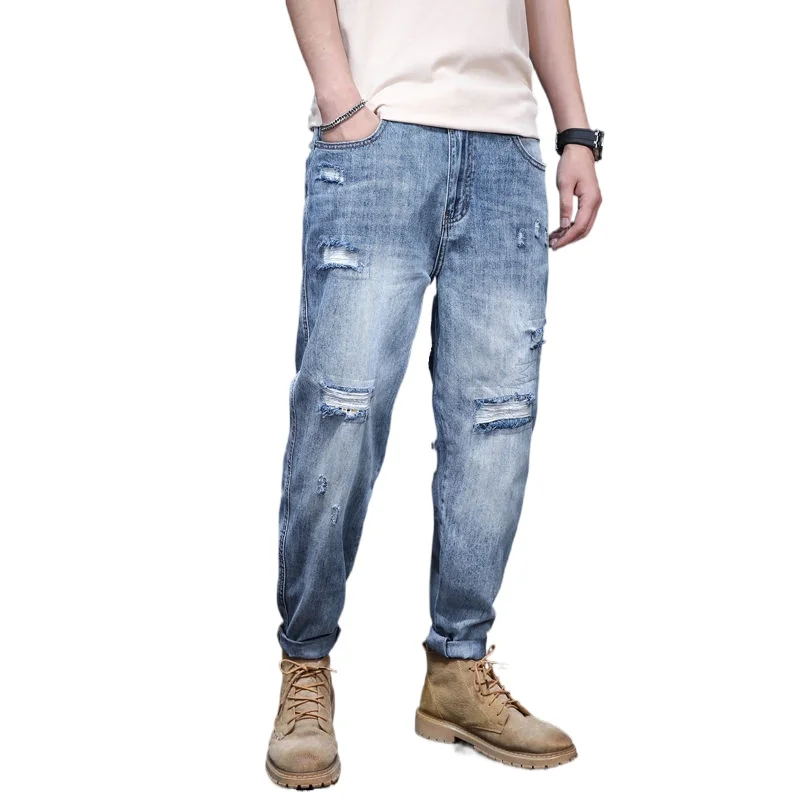 

Summer trend light color nine-point jeans men's thin hole beggar pants loose plus size fat Harlan pants