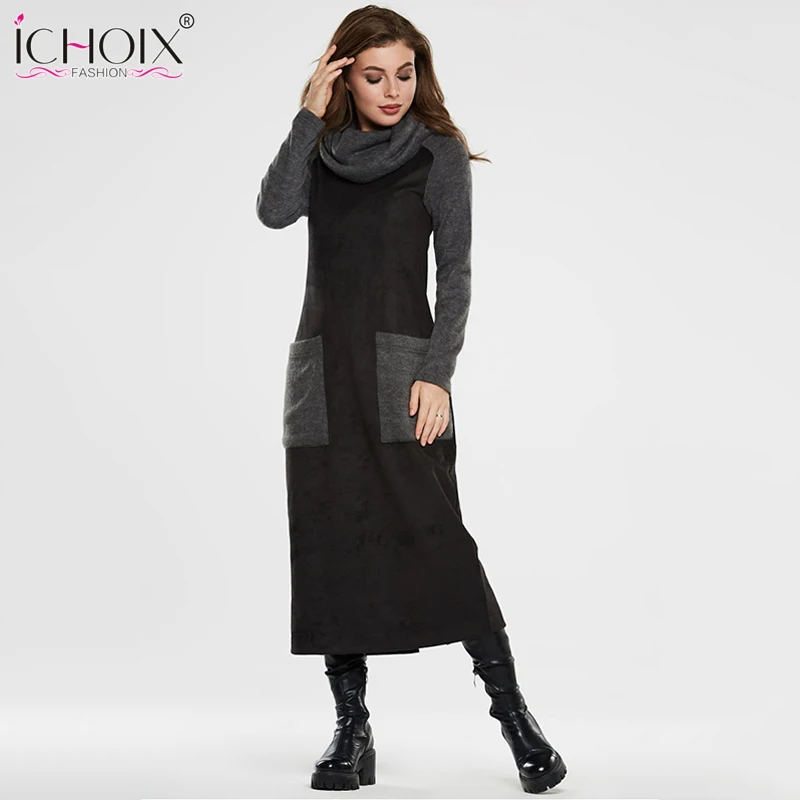 ICHOIX водолазка теплое зимнее платье с длинным рукавом повседневное Длинное Макси