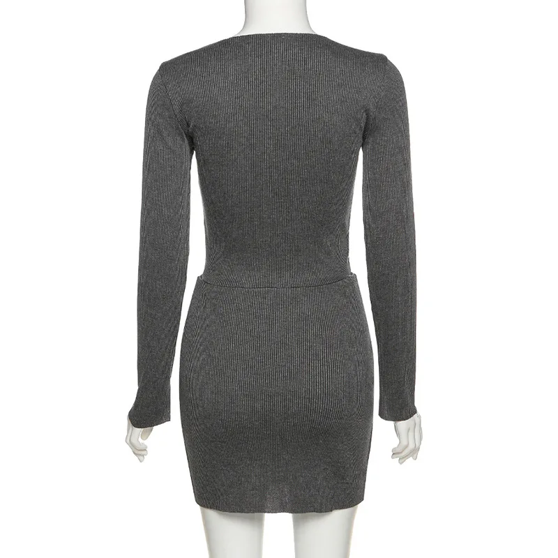 

Ribbed Zipper Gray Solid Color Fashion Women's Two-piece Long Sleeve Autumn Club Clothing Bodycon Clothing Hot Top and Skirt Set