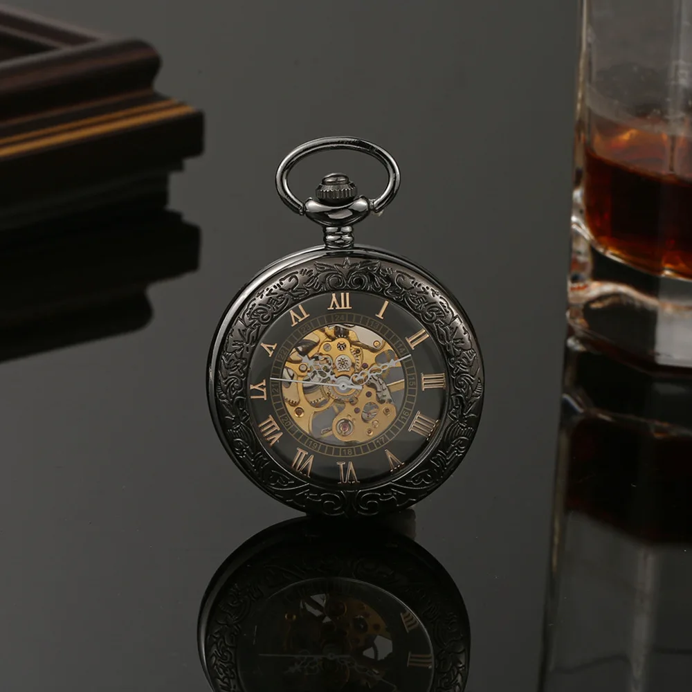 Black Steampunk Retro Machinery Pocket Watch Hollowed Necklace Movement Pocket & Fob Watches with Chain Men Women Clock Gifts