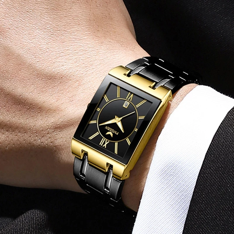 Men's Watch 2022 Simple Fashion Black Face Silver Rectangular Stainless Steel Calendar Waterproof Quartz Watch Relogio Masculino