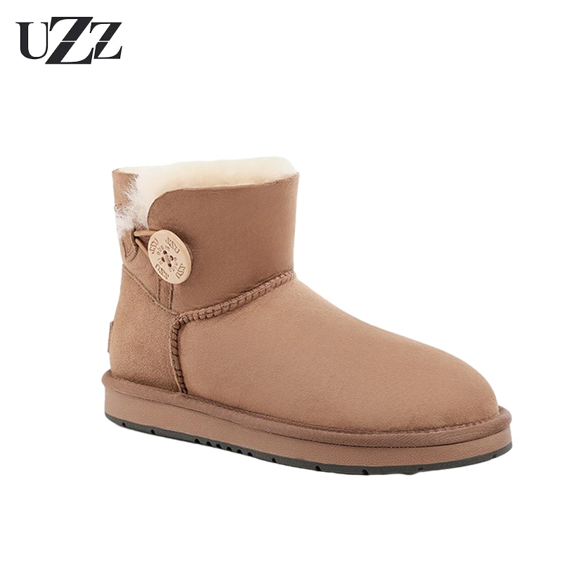 

UZZ Women's Classic Sheepskin Wool Short-Tube Snow Boots Thick Ladies Winter Warm Wool Slip-on Buttons Boots Ankle Girl Shoes