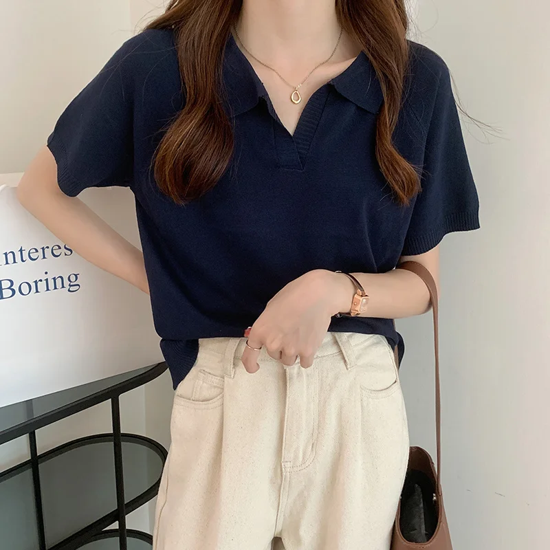 

Polo Shirt Knitwear Short Sleeve Female V-neck All-Matching Harajuku T-shirt Women Sweetshirts Summer Knit Tee Young Fashion