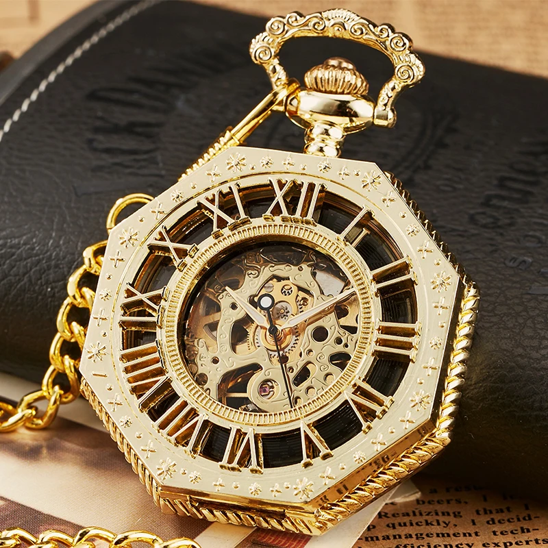 

Gold Mechanical Pocket Watch for Men Antique Steampunk Skeleton Roman Numeral Fob Chain Pendant Hand Winding montre de poche