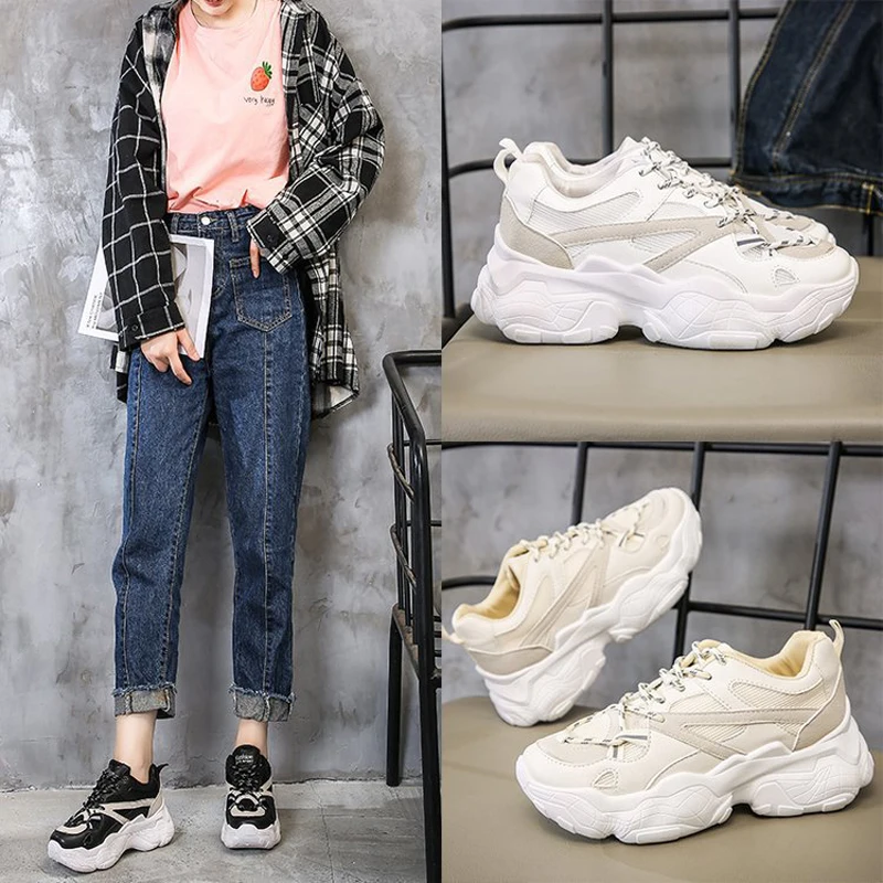 W- Brand spring and autumn new mesh breathable thick-soled students wild wear increased daily solid color lace up women's shoes | Обувь