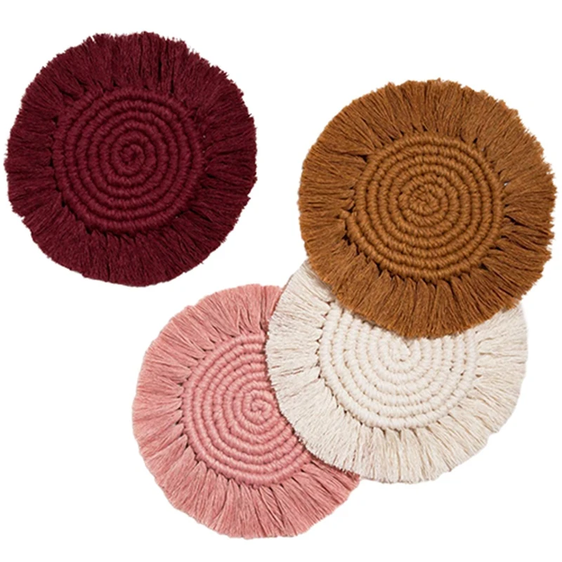

Macrame Coasters Woven Boho Handmade Absorbent Placemats, for Desk Table Kitchen Dining Room Drink Picnic Set of 4