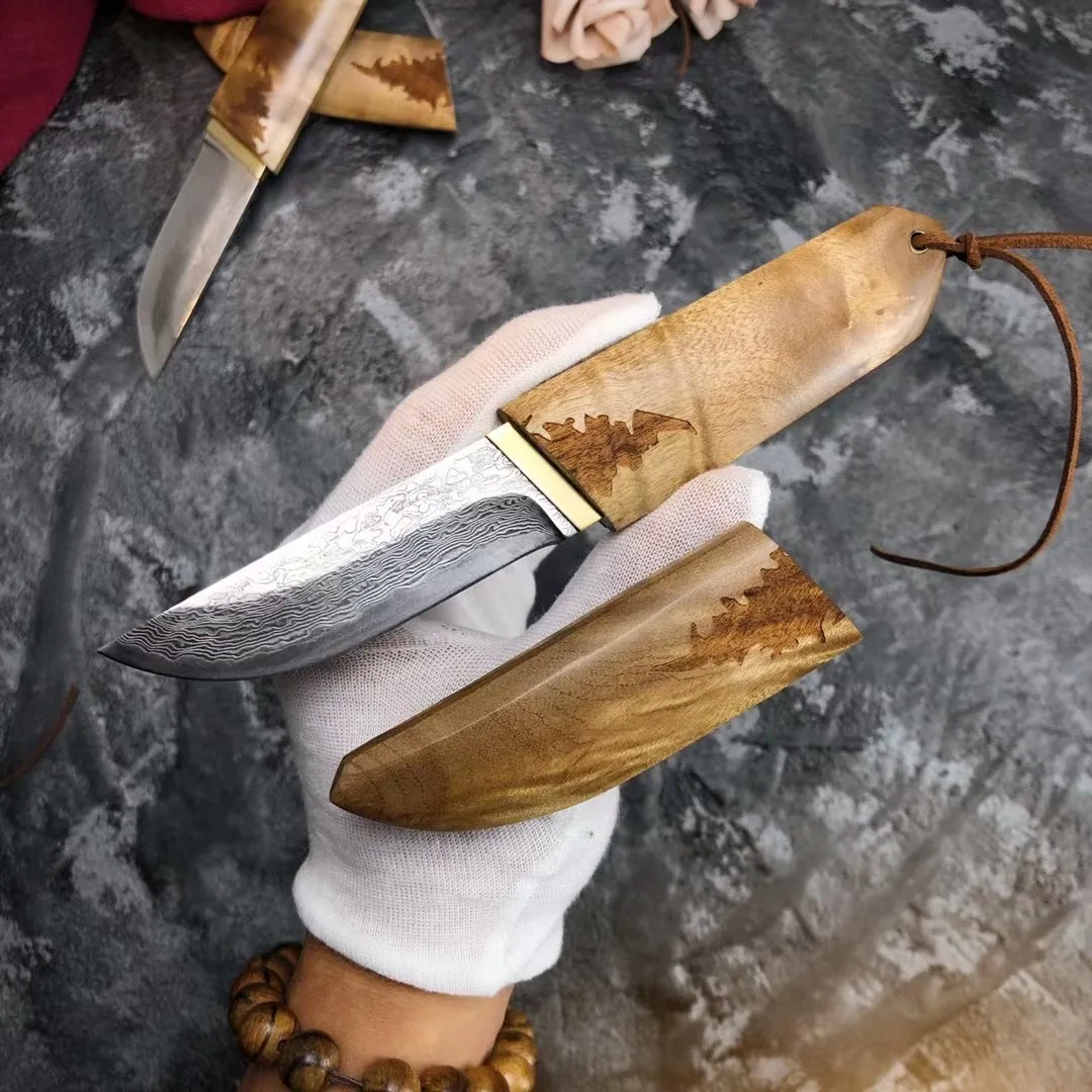 Тактический нож Katana твердый клинок из дамасской стали с деревянной ручкой для