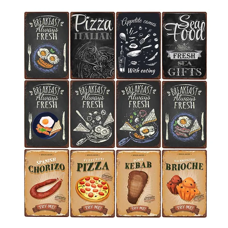 

Delicious Breakfast Metal Tin Signs Pizza Hamburgers Vintage Food Poster Kitchen Decor Plaque Wall Decoration 20x30cm