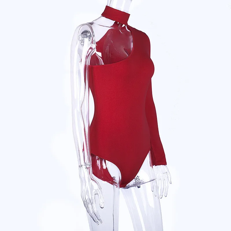 Cotton blend halter one-shoulder sexy bodysuit women new fashion winter spring solid bodycon casual body