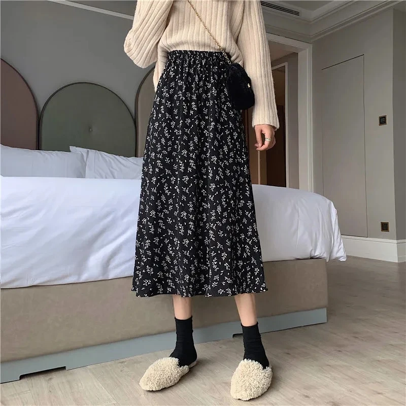 

Fashion printing A-line floral pleated skirt Women Korean allmatch loose plus size skirt ladies summer High waist slim Dress