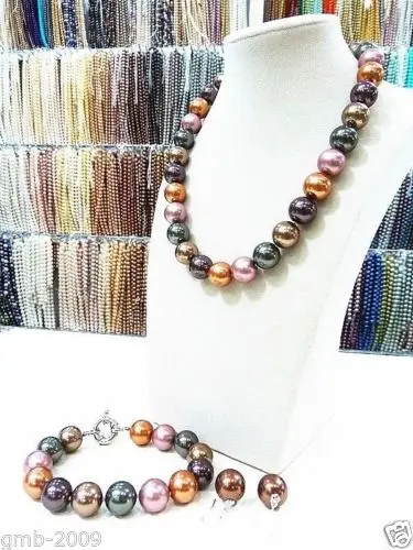 

Fashion 14mm Mix Colors South Sea Shell Pearl Necklace Bracelet Earring Sets