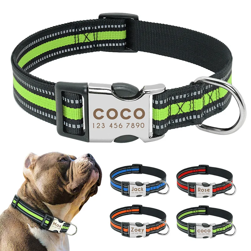 Collar reflectante personalizado para perro, placa de identificación para cachorro, gato, para perros pequeños, medianos y grandes, grabado
