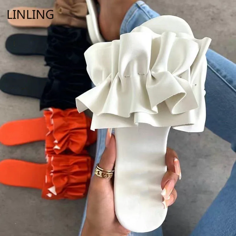 

Женские Плиссированные шлепанцы, летние дизайнерские шлепанцы на плоской подошве, сланцы с открытым носком, дамские уличные сандалии, 2021