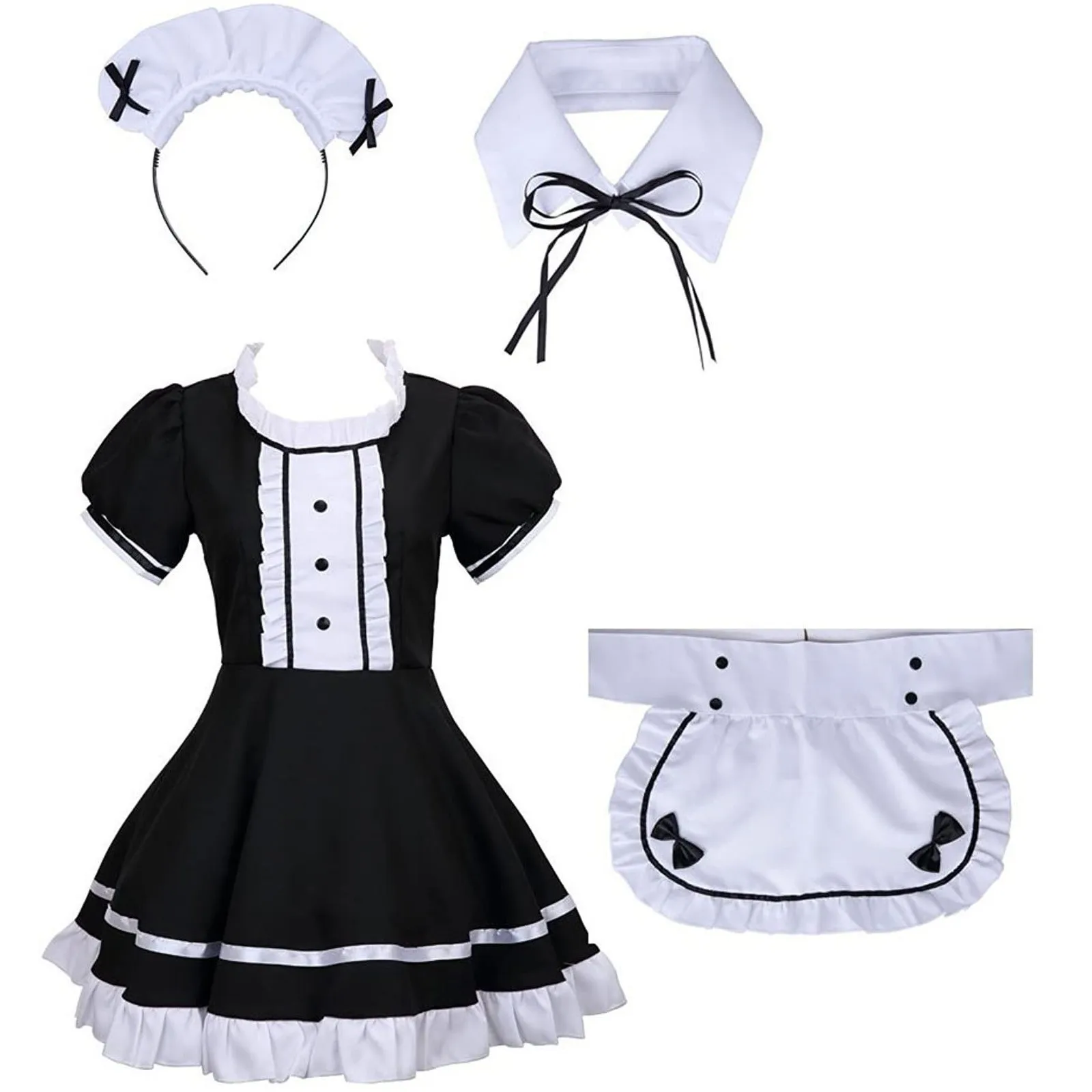 

Tutu Dresses Lingerie Maid Cosplay Costume Women Headwear Apron Fake Collar Bowknot Dress