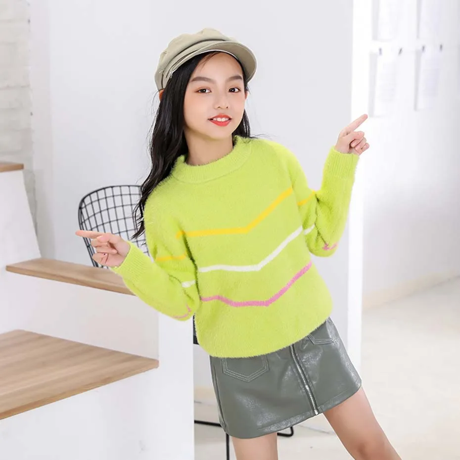 Свитер для девочек детский вязаный свитер в полоску джемпер с длинными рукавами