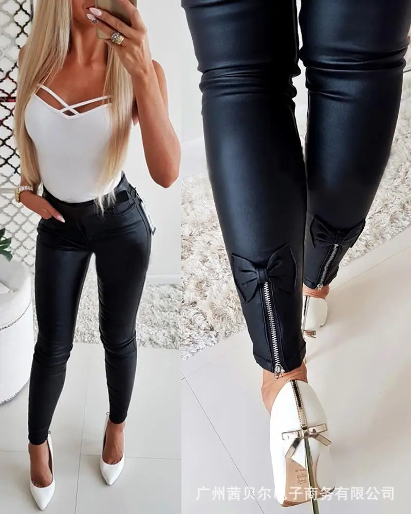 

Zipper Design Skinny High Waist Trousers Women's Pu Pencil Pants Tight Butterfly Sexy Black Casual PU Pants