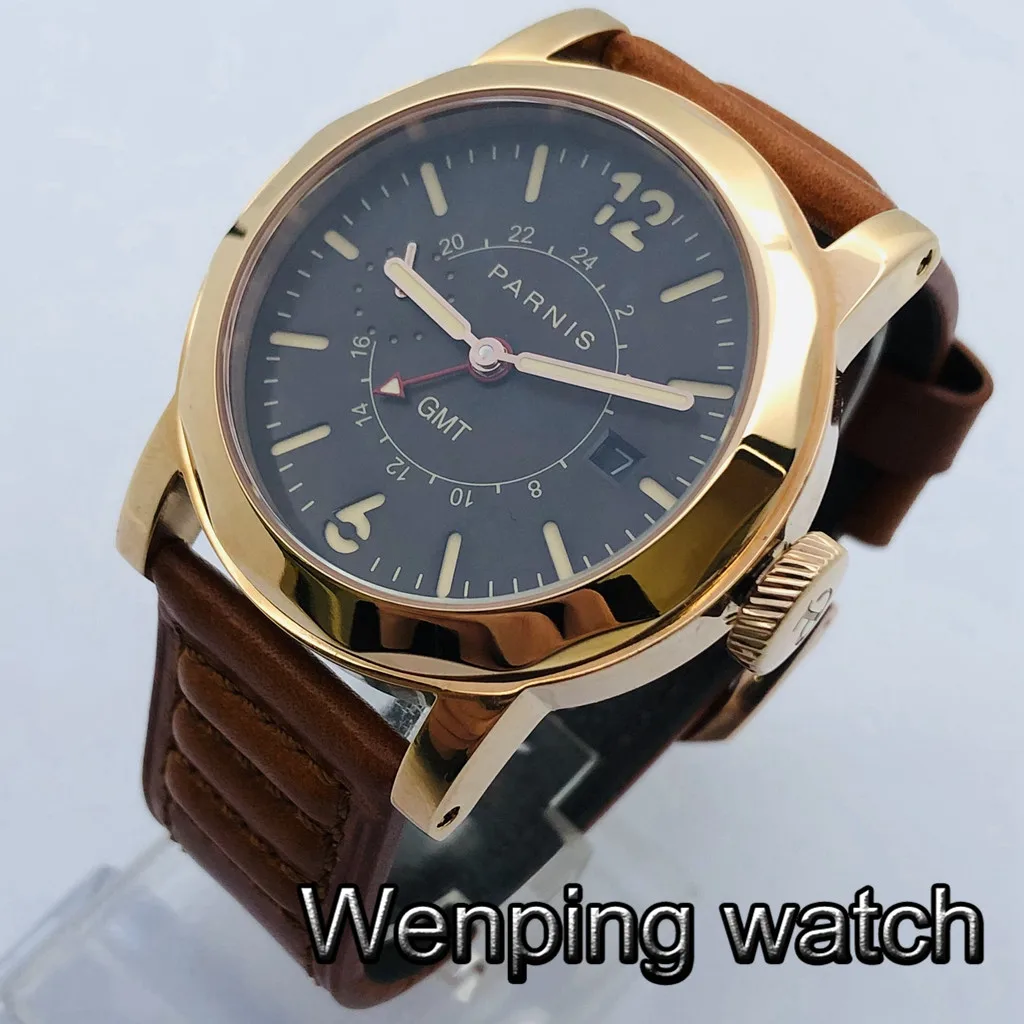 

Мужские Роскошные Механические часы Parnis 43 мм GMT чехол из розового золота сапфировое стекло черный циферблат светящийся кожаный ремешок авт...