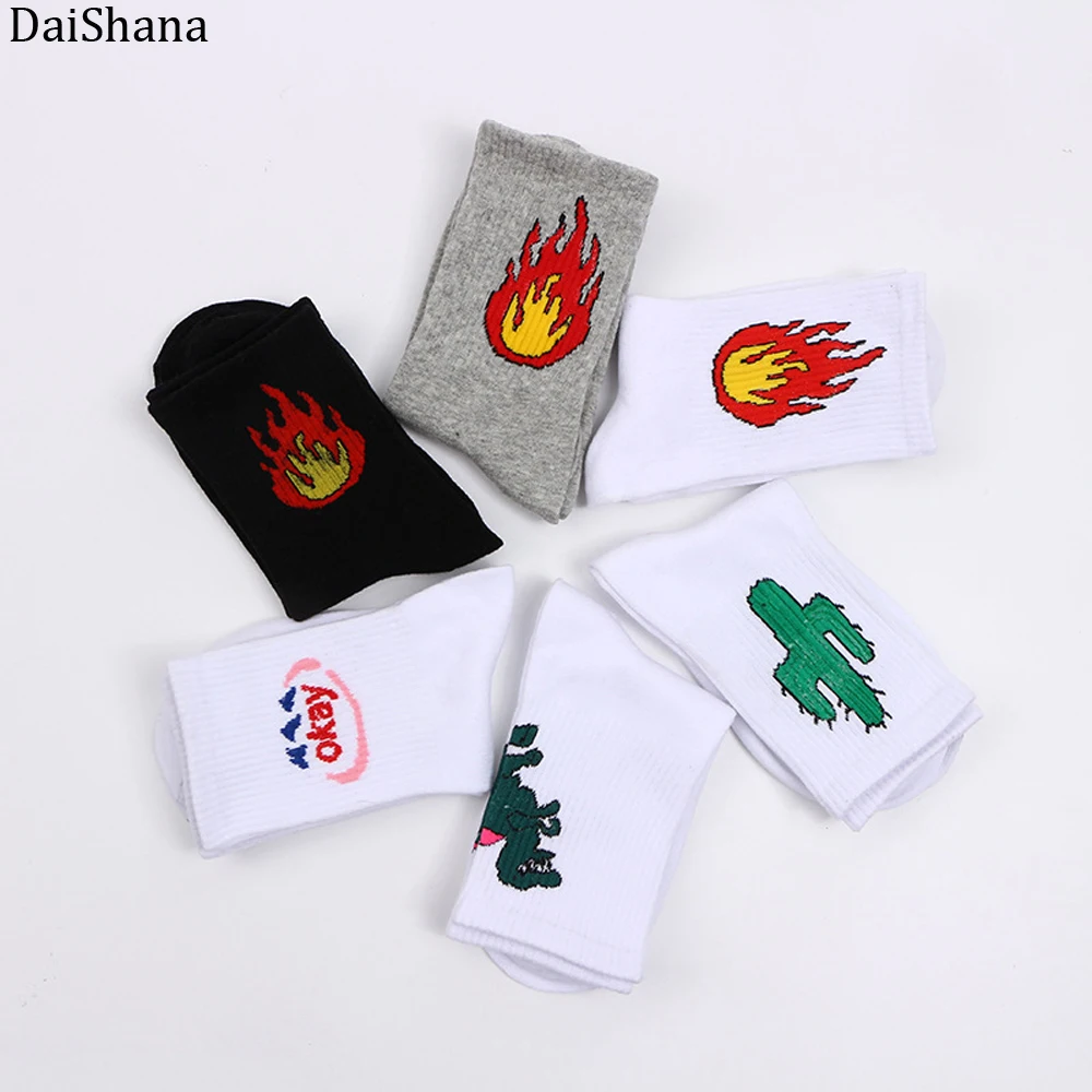 DaiShana/Новое поступление, корейские носки в японском стиле унисекс Harajuku, модные повседневные забавные хлопковые носки с рисунком кактуса, динозавра, белые носки