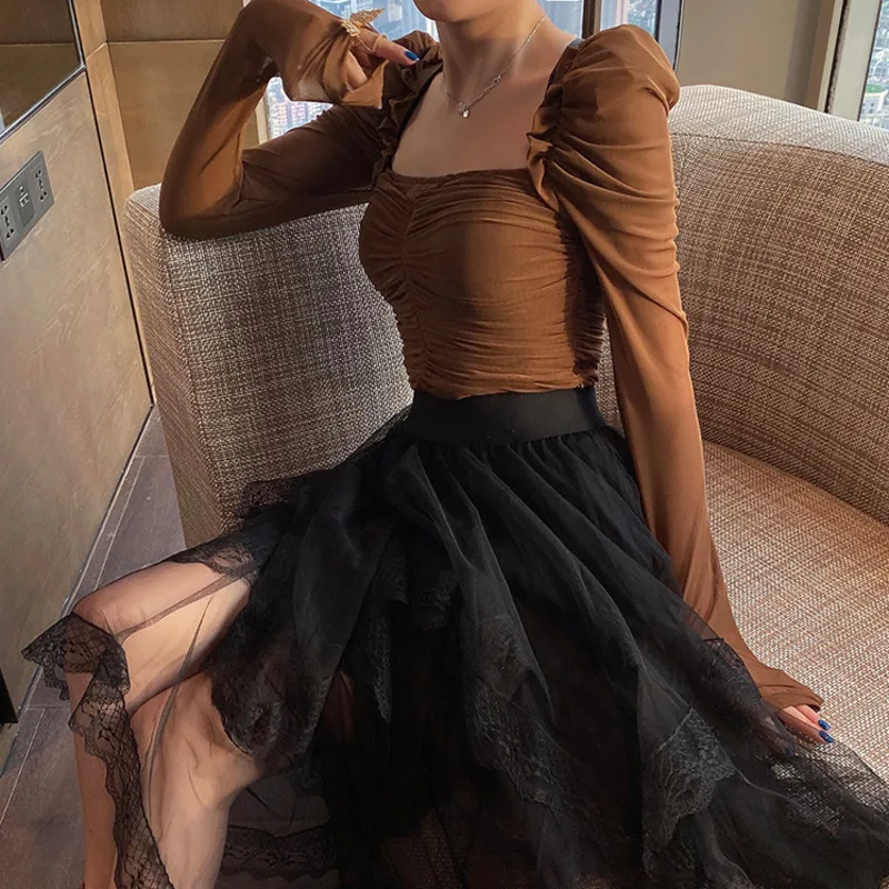 LANMREM нишевый квадратный воротник плиссированные Футболки с длинным рукавом для