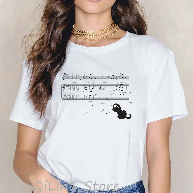 

Fashion Vagary Women Tshirt Creative Music Note Tee Mischief Cats Gift Cat shirt funny Music Cat Print T-Shirt Casual Top Tees