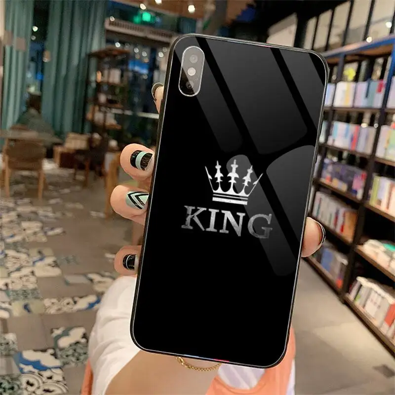 

King Queen Crown Phone Case Tempered glass For iphone 6 6S 7 8 plus X XS XR 11 12 mini PRO MAX