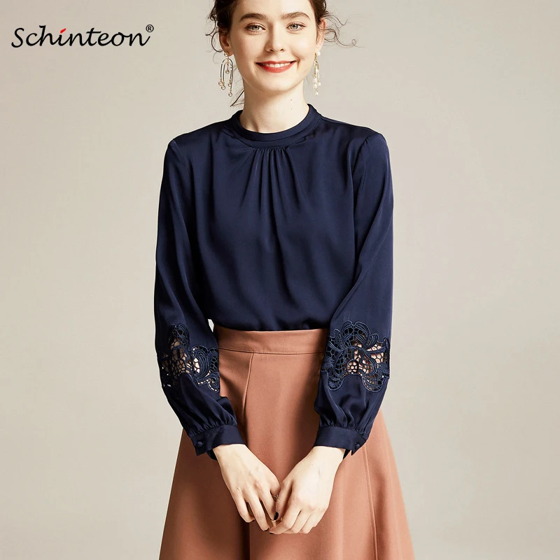 2020 Schinteon Женская Весенняя блуза из натурального шелка стоячий воротник открытая