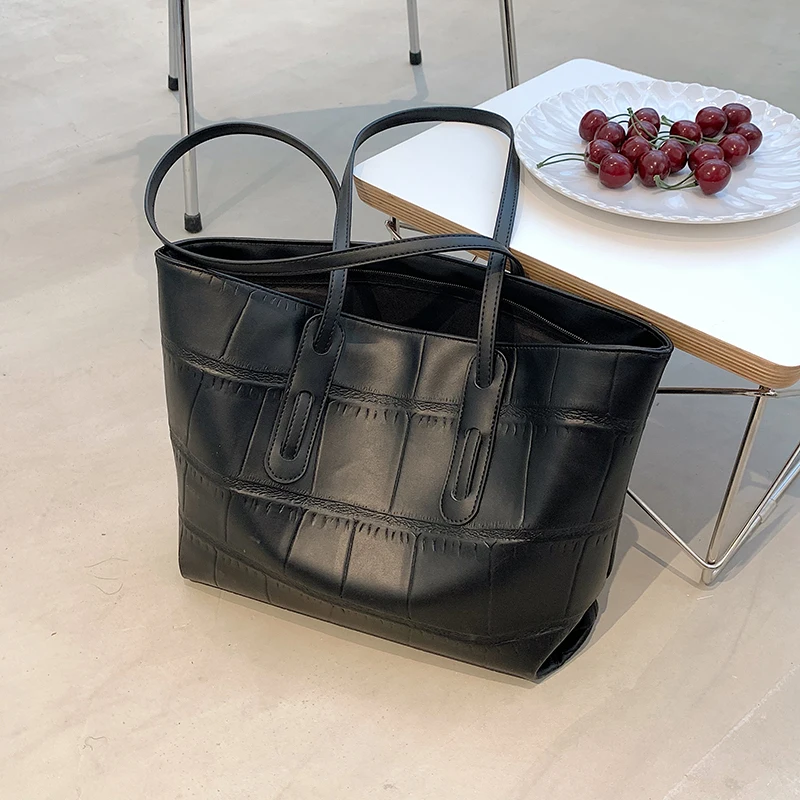 

Casual PU Bucket Bag Women's Large-Capacity Fashion Stone Pattern Shoulder Bags Ladies Simple Solid Color Messenger Handbags