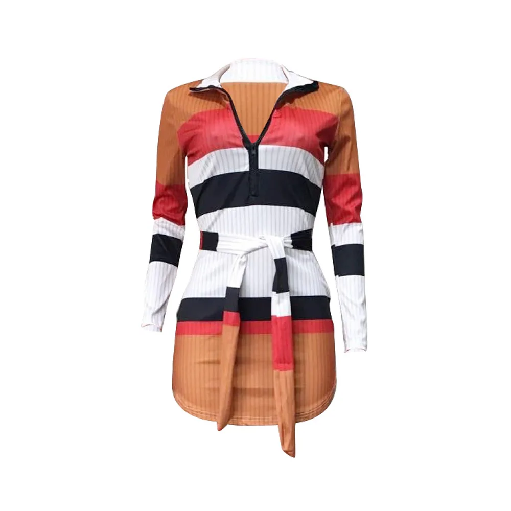 В полоску С поясом Сезон осень зима женское вязаное платье с длинными рукавами