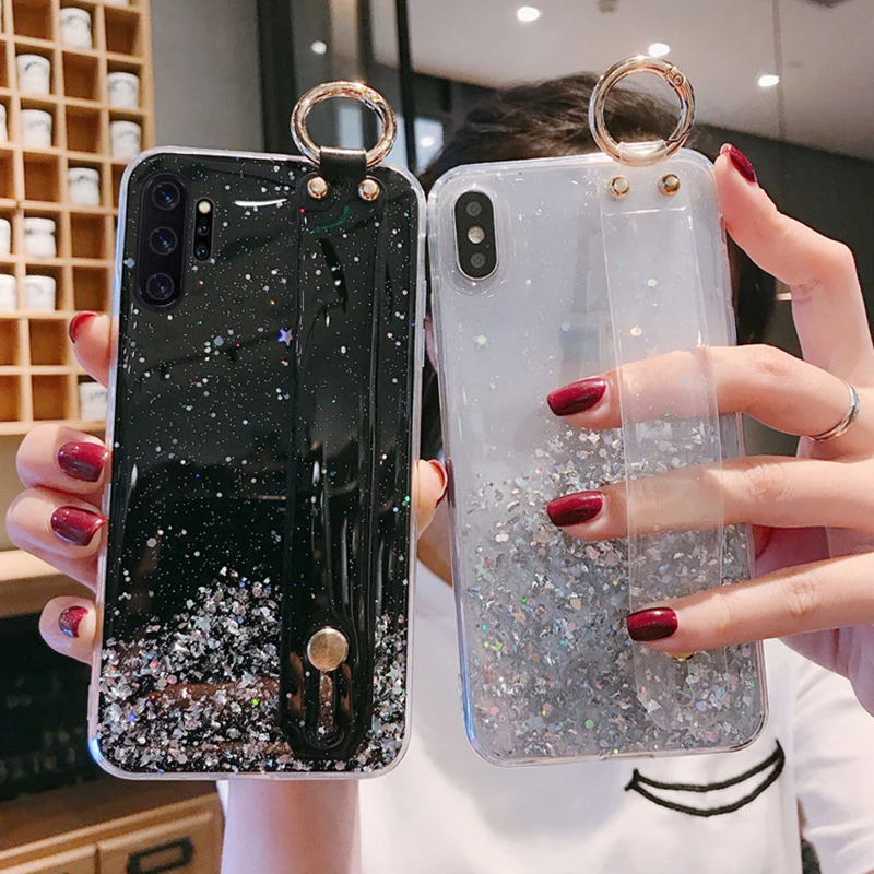 Чехол с блестящим звёздным ремешком на запястье для Xiaomi Note 10 CC9 9T 8 9 SE Pro CC9E 5X 6X Mi A1 A2