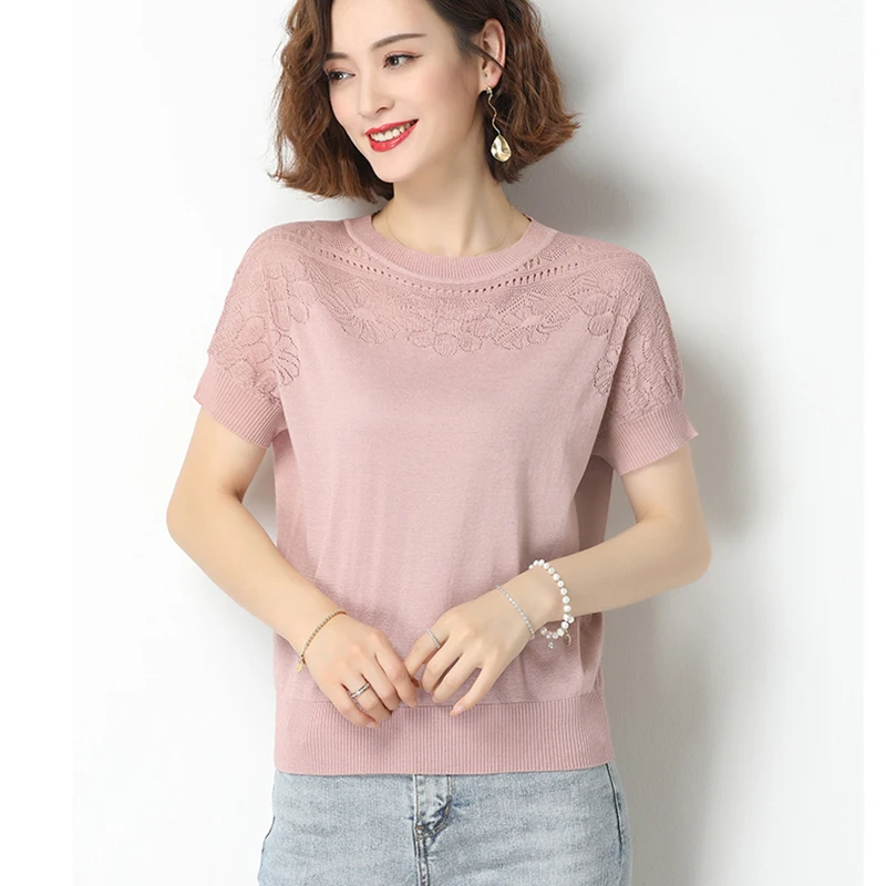 

Summer New Knitting Sweater Women O Neck Thin Solid Loose Casual Knit Floral Hollow Out Pullover Short Sleeve Knitted Sweaters