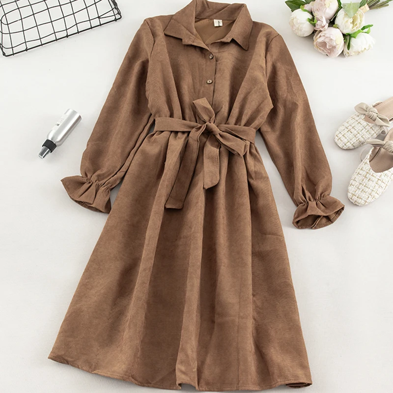 Винтажное однобортное женское платье 2019 элегантное с отворотом длинным рукавом