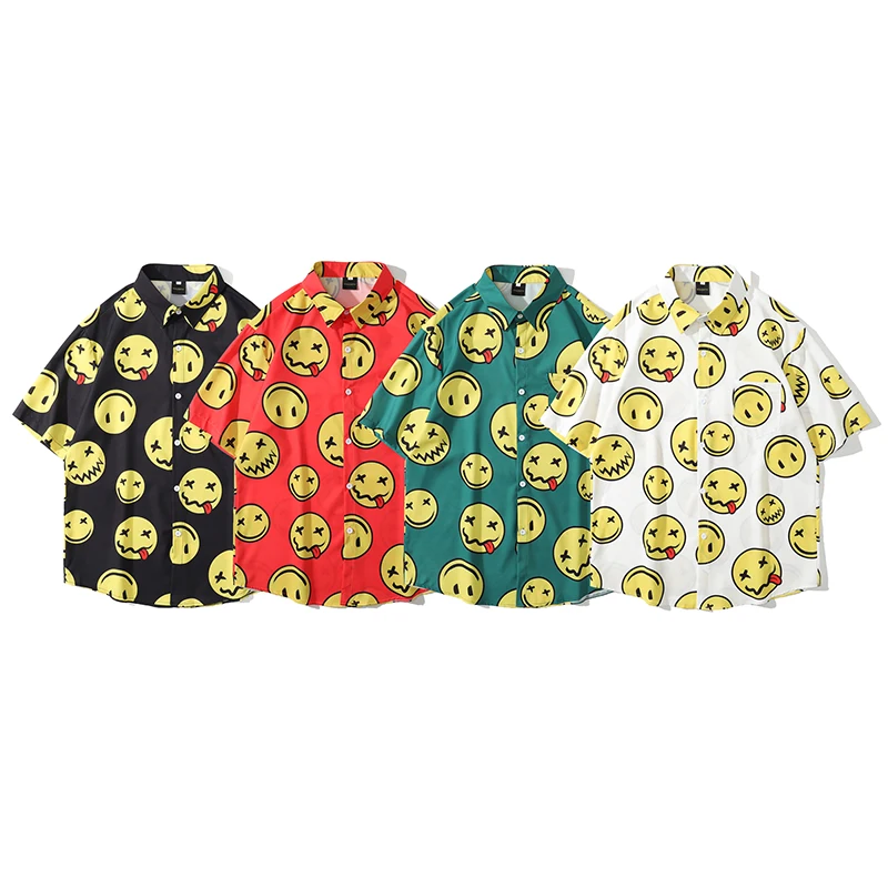 Hip Hop Shirt Men Harajuku Smile Face Print Summer Beach Shirt Pocket Hawaiian Short Sleeve Fashion Tops Streetwear Clothing