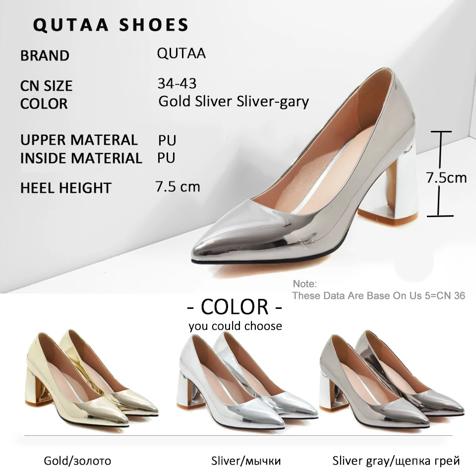 

QUTAA 2019 Women Pumps Leisure Mirror-topped PU Leather Coarse-heeled Pointed Toe Basic Slip on Gold Single Shoes Sexy Size34-42