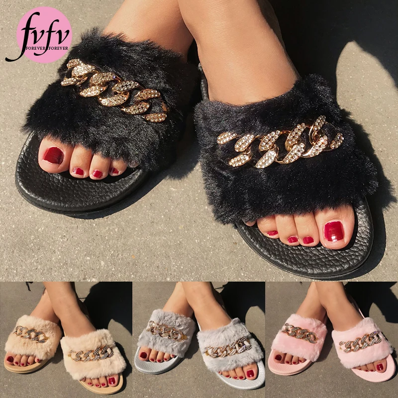 FVFV/женские летние меховые тапочки Пушистые домашние Нескользящие на плоской