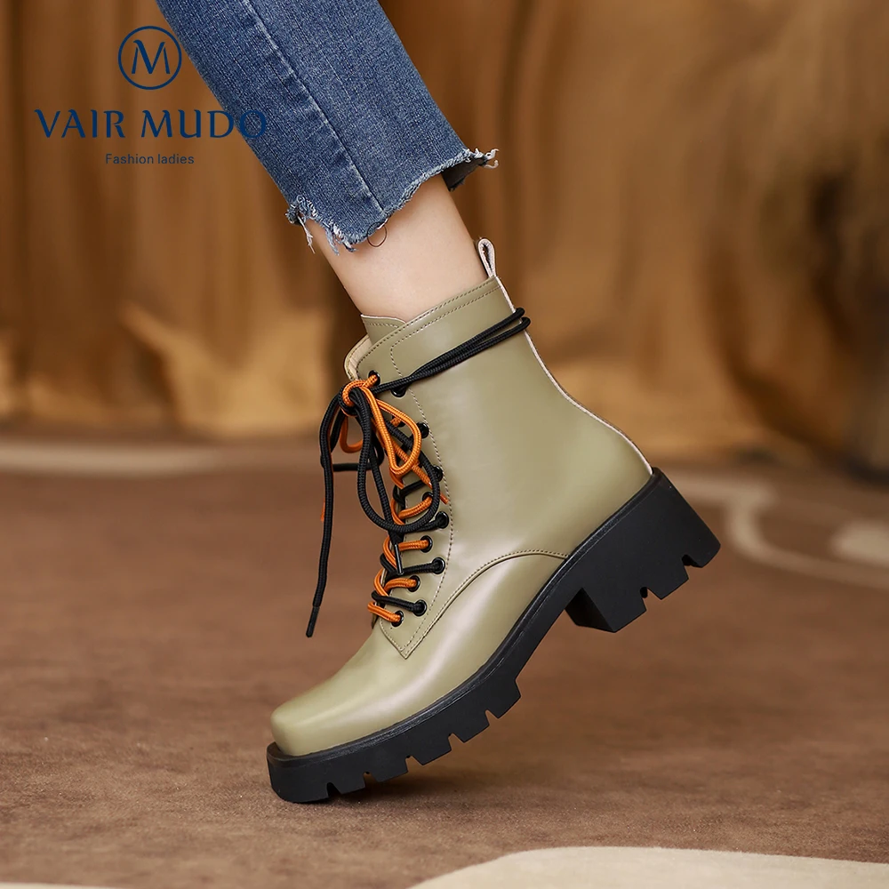 Online VAIR MUDO Sepatu Bot Pergelangan Kaki Wanita Martin Sepatu Bot Musim Dingin Musim Gugur Padat Hitam Hijau Ujung Bundar Tebal ShoesWM-X244-C