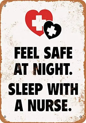 

Feel Safe at Night Sleep with A Nurse Metal Tin Sign 12 X 8 Inches Retro Vintage Decor