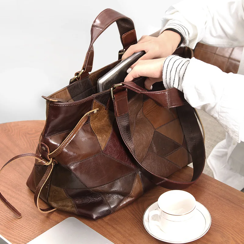 Head leather new color contrast color stitching handbag fashion casual leather women's bag retro classic