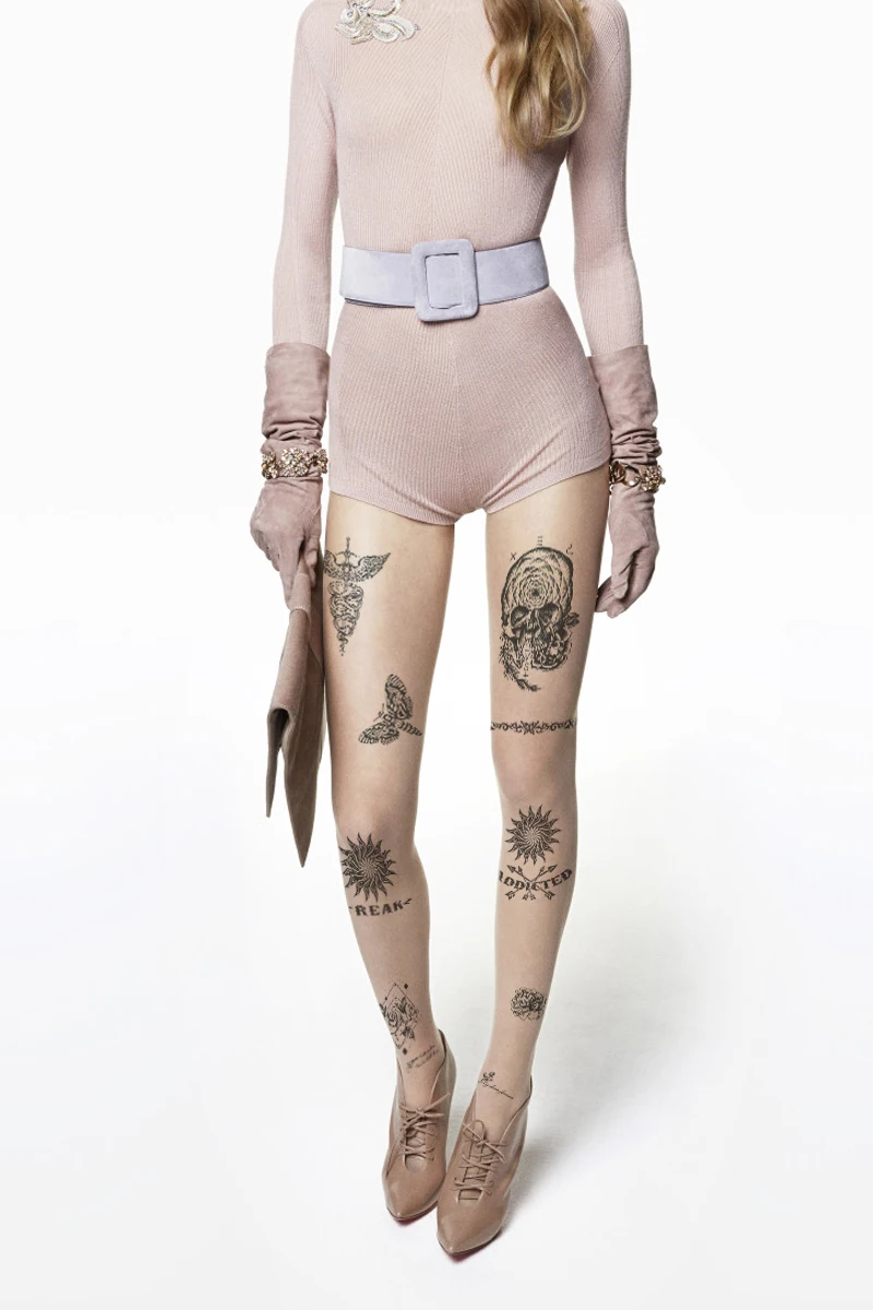 Woman pantyhose fashion print tattoo ultra-thin flesh-colored T crotch stockings skull snake pantyhose